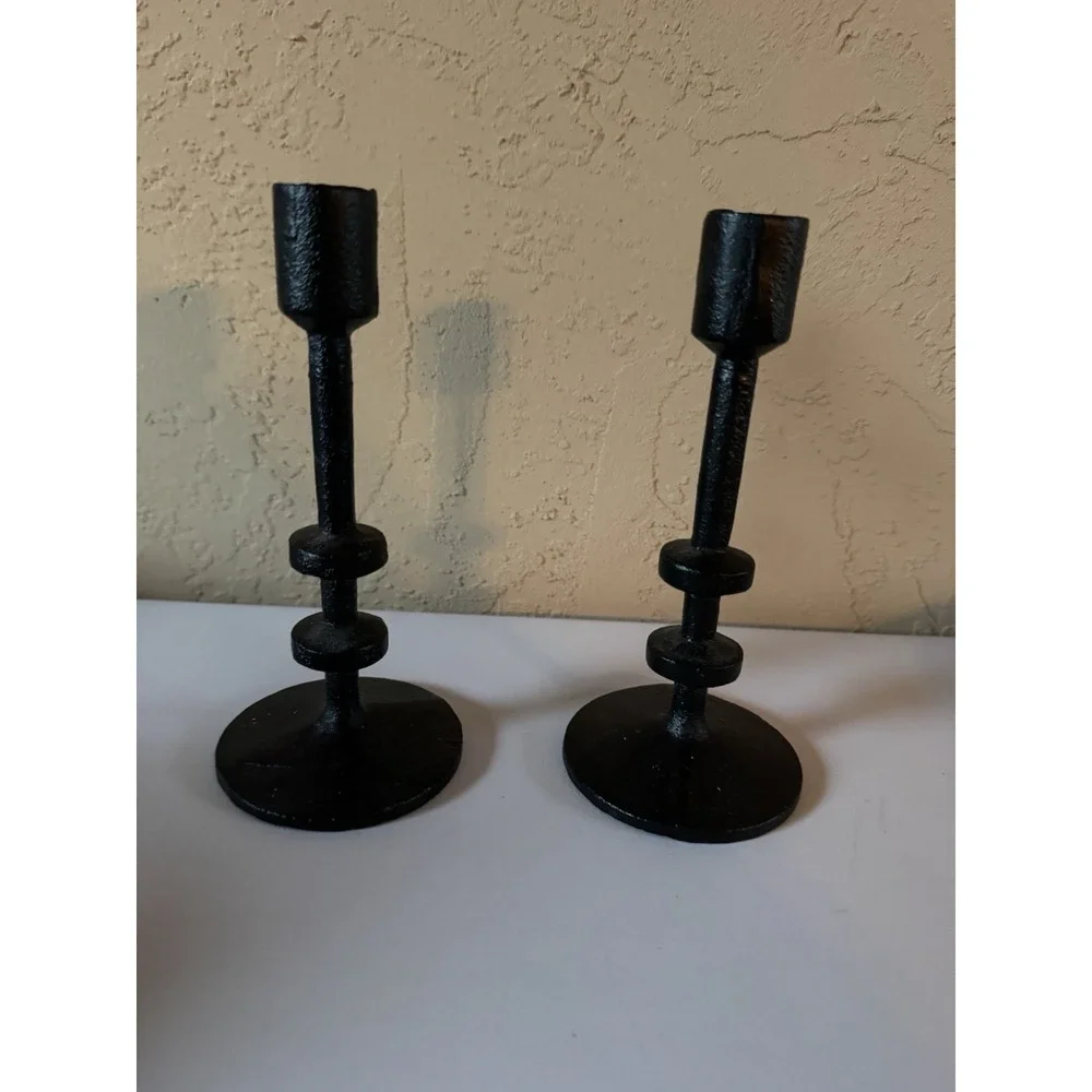 Pair Black Cast‎ Iron Taper Candle Holders Brutalist Style Modernist 7